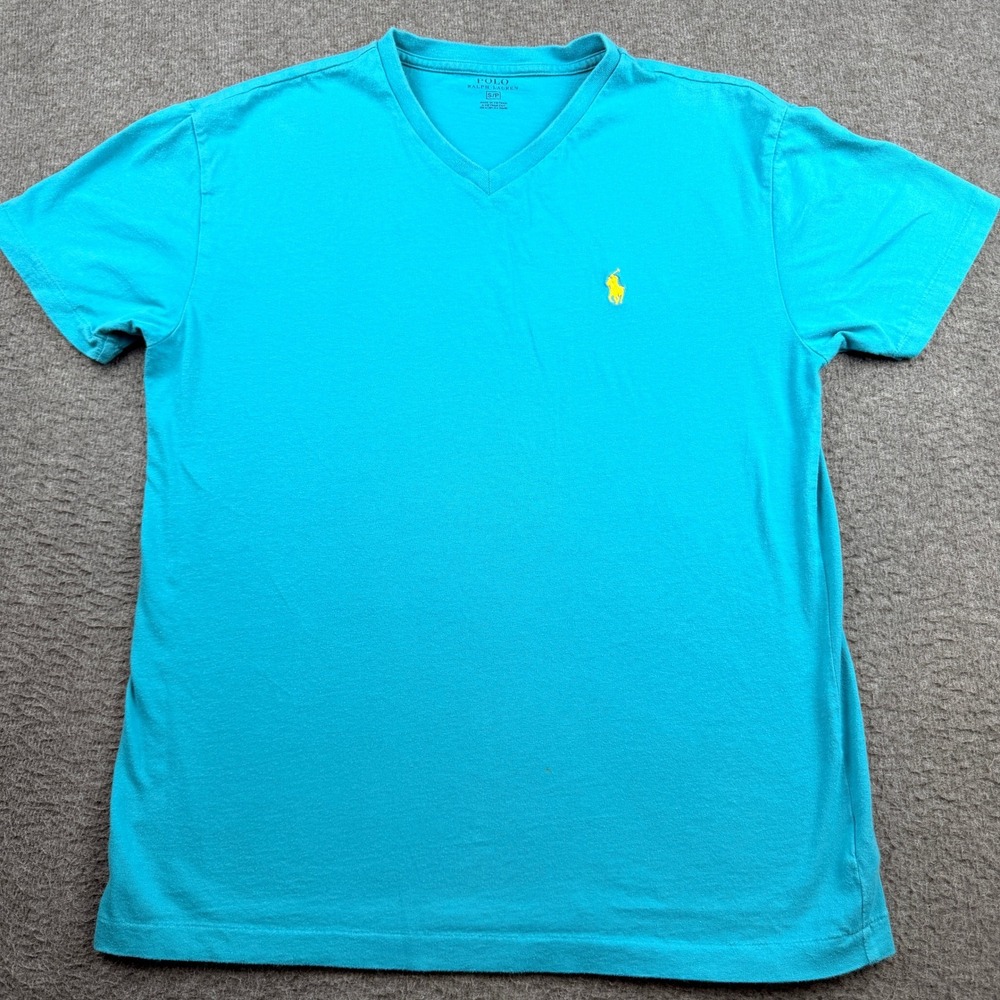 Polo Ralph Lauren Women's V-Neck T-Shirt Turquoise Blue Yellow Pony Small S